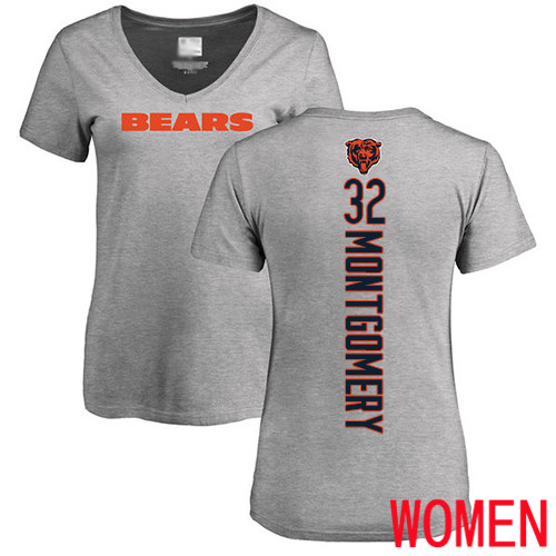 Chicago Bears Ash Women David Montgomery Backer V-Neck NFL Football #32 T Shirt